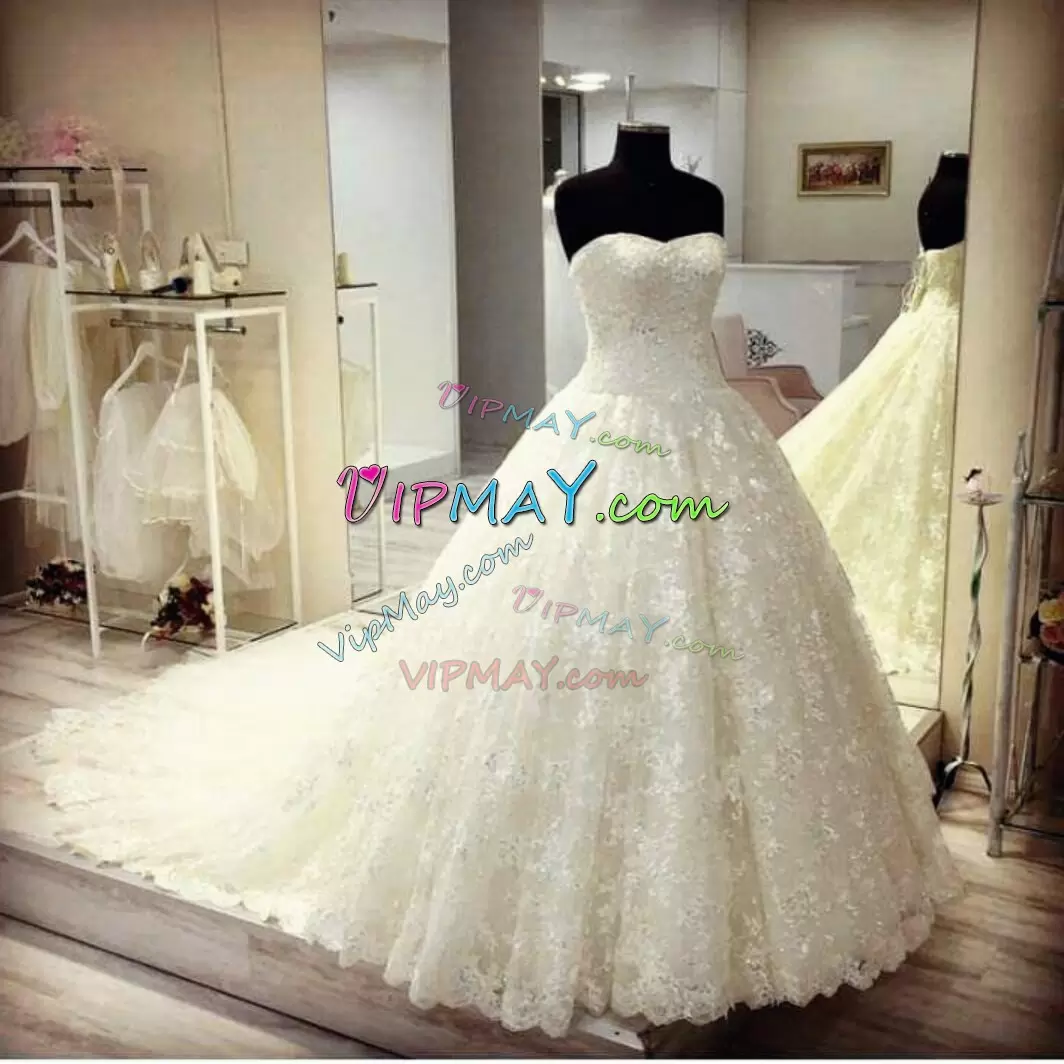 Free and Easy White Wedding Gowns Sweetheart Sleeveless Sweep Train Lace Up