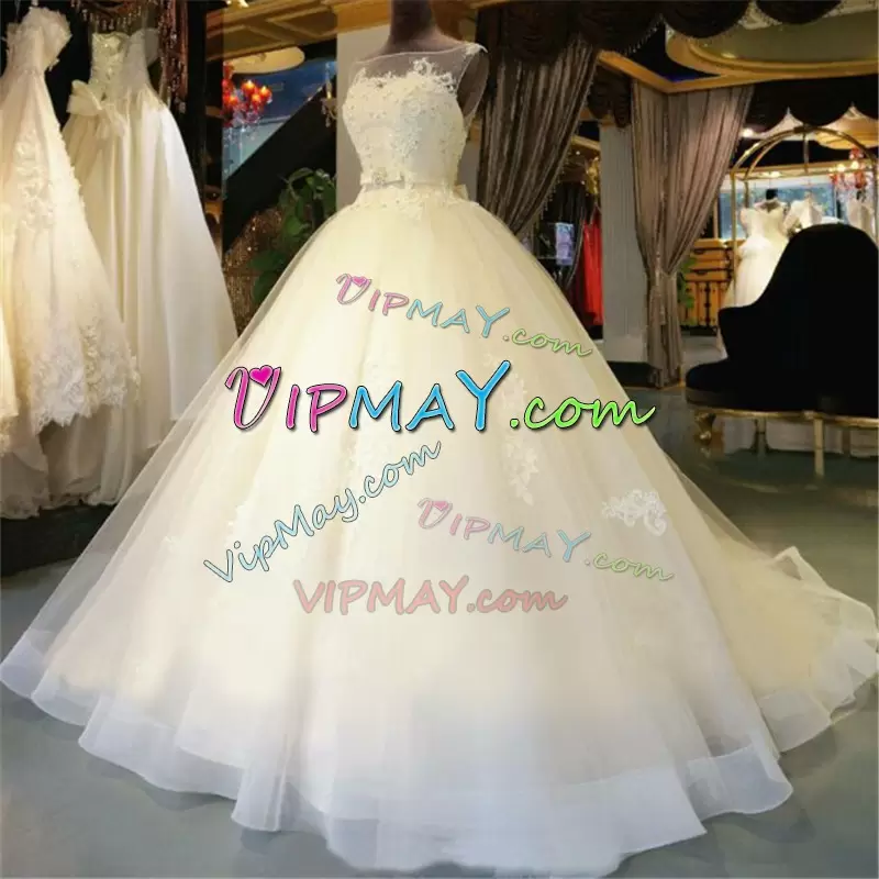 Flare White Sleeveless Tulle Chapel Train Backless Wedding Gowns for Military Ball and Beach and Wedding Party