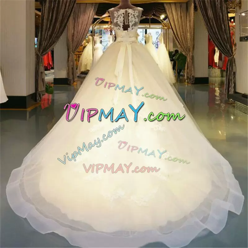 Flare White Sleeveless Tulle Chapel Train Backless Wedding Gowns for Military Ball and Beach and Wedding Party