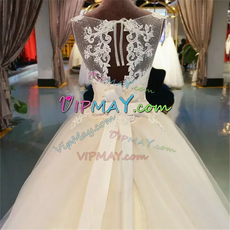 Flare White Sleeveless Tulle Chapel Train Backless Wedding Gowns for Military Ball and Beach and Wedding Party