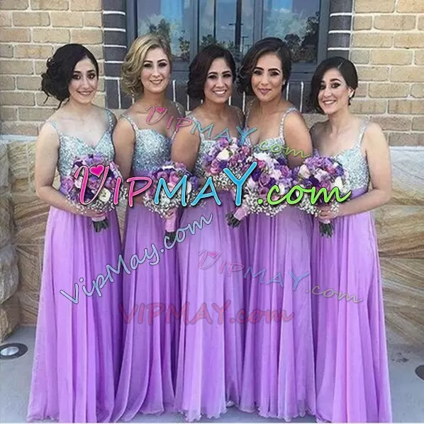 Fitting Sleeveless Floor Length Beading Bridesmaids Dress with Lavender