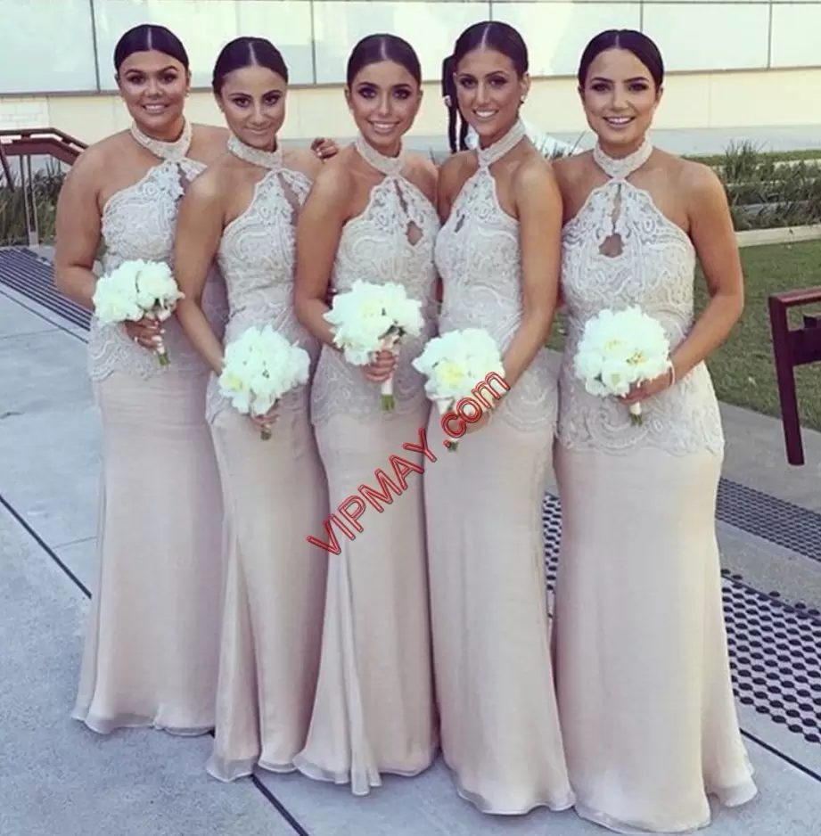 Amazing Champagne Sleeveless Lace Floor Length Bridesmaid Dress