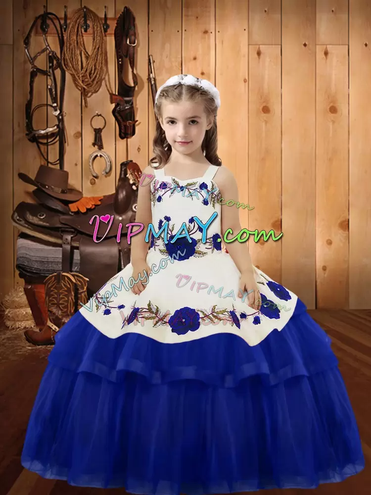 Sleeveless Floor Length Embroidery and Ruffled Layers Lace Up Pageant Dress for Teens with Royal Blue