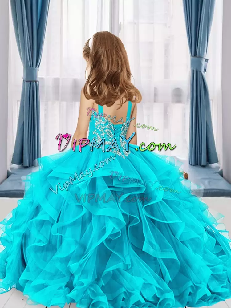 Top Selling Sleeveless Straps Beading and Ruffles Lace Up Girls Pageant Dresses