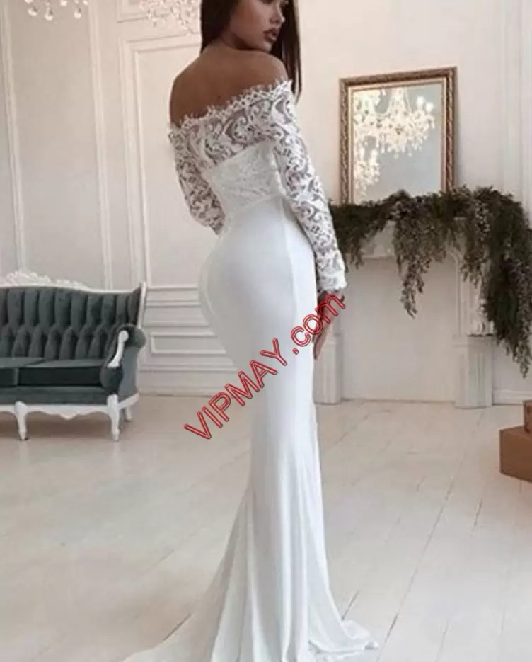 Off The Shoulder Long Sleeves Brush Train Zipper Wedding Gowns White Elastic Woven Satin Lace