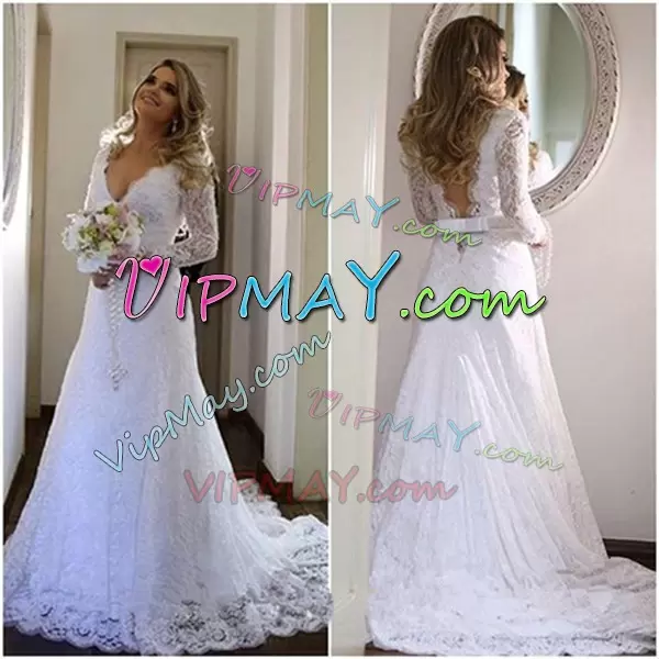 Sophisticated White A-line Lace V-neck Long Sleeves Lace Backless Wedding Dress Brush Train