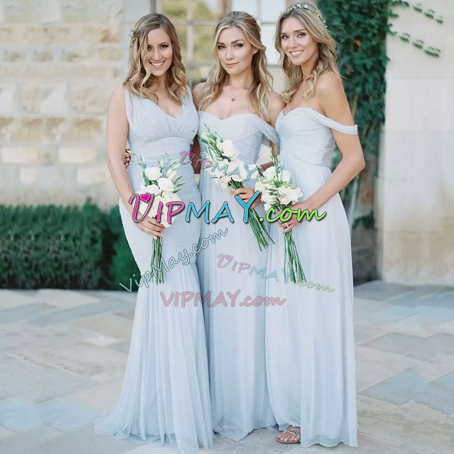 Gorgeous Light Blue Zipper Bridesmaid Dresses Ruching Sleeveless Floor Length