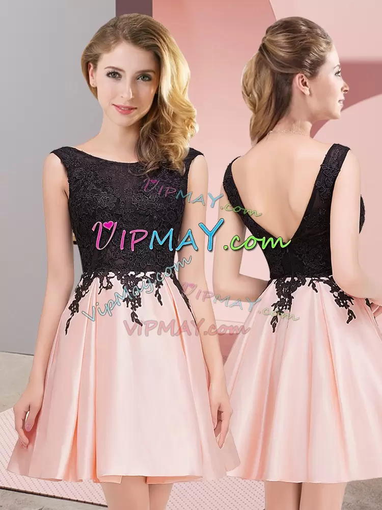 Cheap Two Tone Black and Pink Scoop Short Satin Lace Quinceanera Court Dress Zipper Back