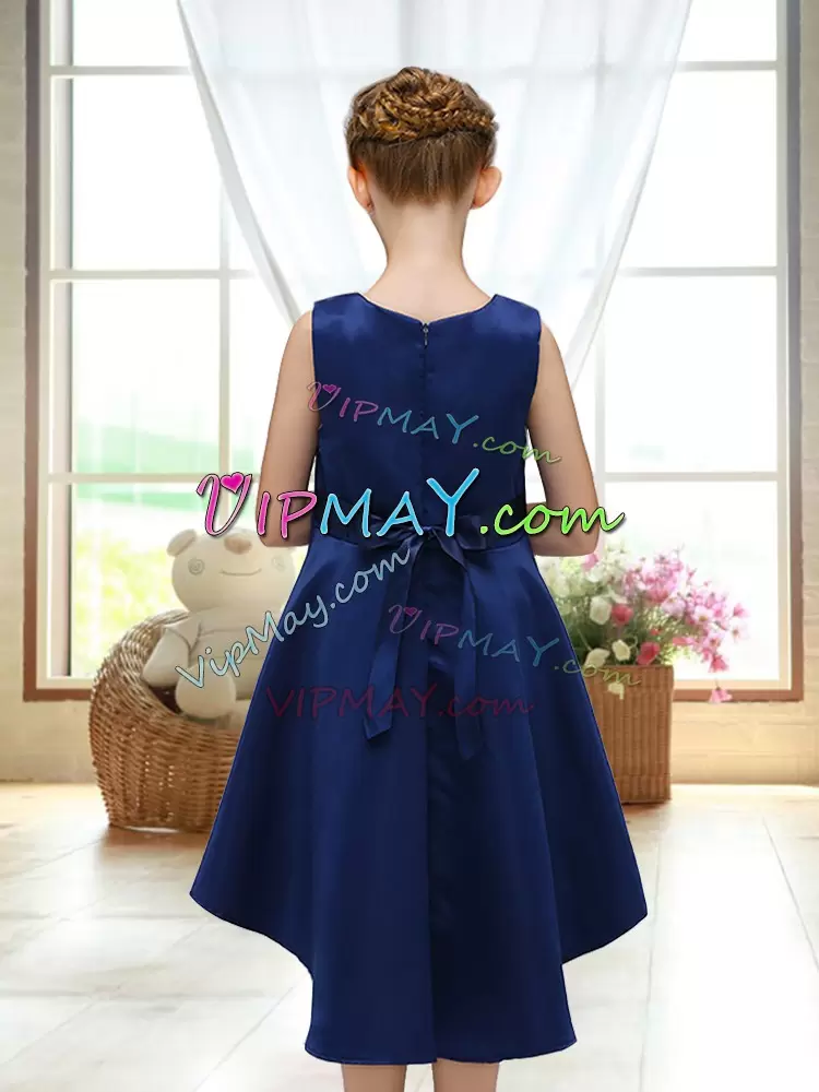 Luxury Scoop Sleeveless Zipper Flower Girl Dress Navy Blue Satin Lace and Bowknot