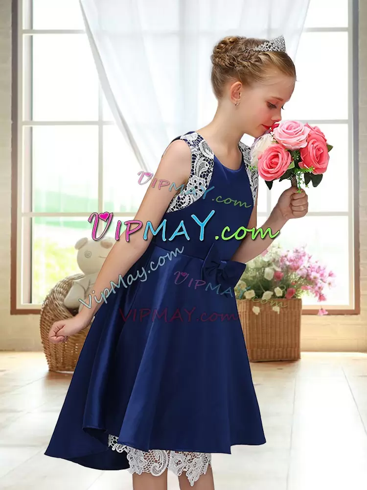 Luxury Scoop Sleeveless Zipper Flower Girl Dress Navy Blue Satin Lace and Bowknot