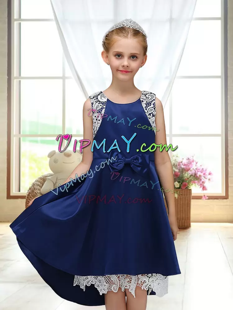 Luxury Scoop Sleeveless Zipper Flower Girl Dress Navy Blue Satin Lace and Bowknot