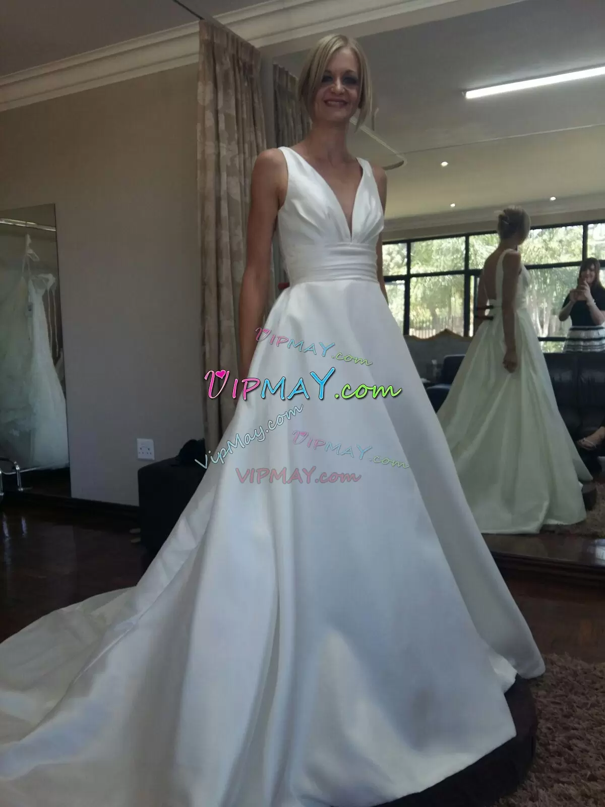 White A-line Wedding Dress Lace Up Satin Sleeveless With Train