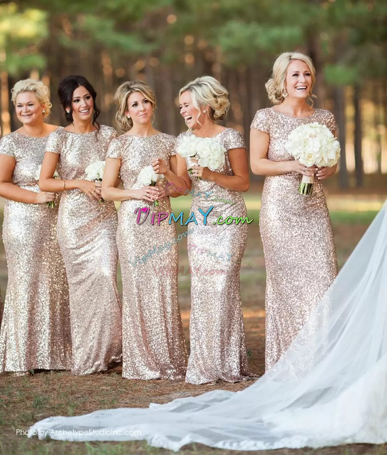 Gold Mermaid Scoop Sleeveless Sequined Floor Length Backless Sequins Bridesmaid Dresses