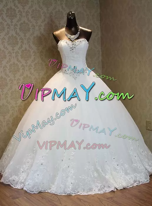 Spectacular White Ball Gowns Beading and Appliques Wedding Gown Lace Up Tulle Sleeveless Floor Length