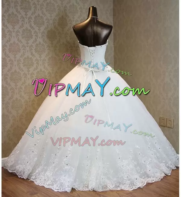 Spectacular White Ball Gowns Beading and Appliques Wedding Gown Lace Up Tulle Sleeveless Floor Length