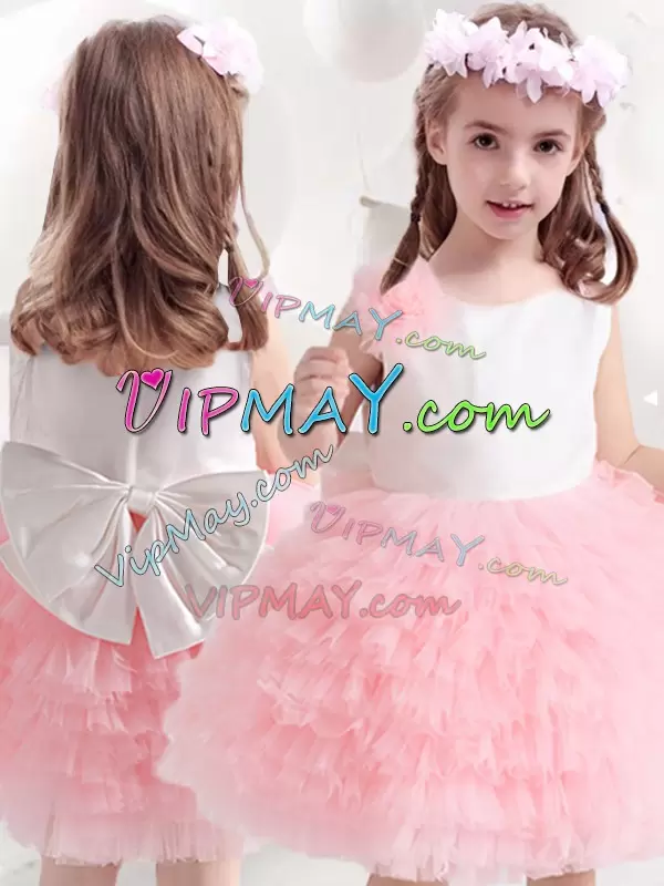 Knee Length Pink And White Flower Girl Dresses Tulle Sleeveless Ruffled Layers and Bowknot and Hand Made Flower