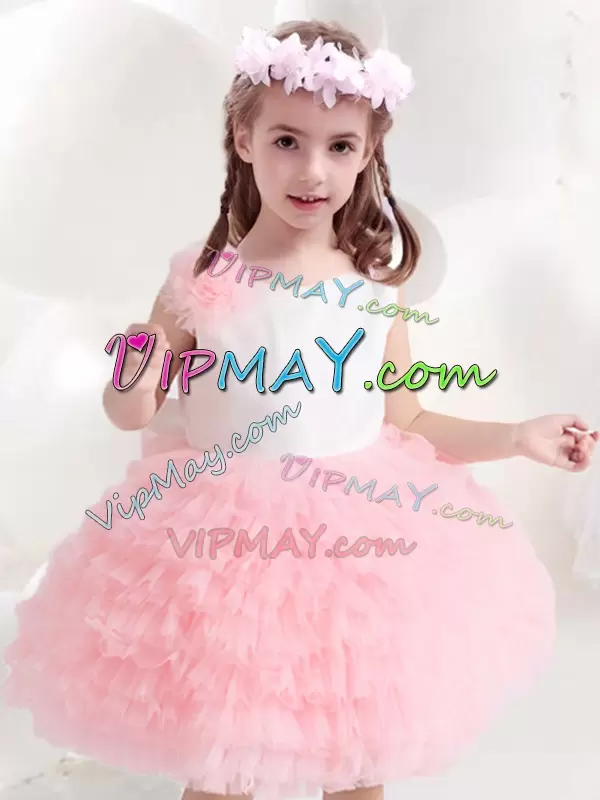 Knee Length Pink And White Flower Girl Dresses Tulle Sleeveless Ruffled Layers and Bowknot and Hand Made Flower