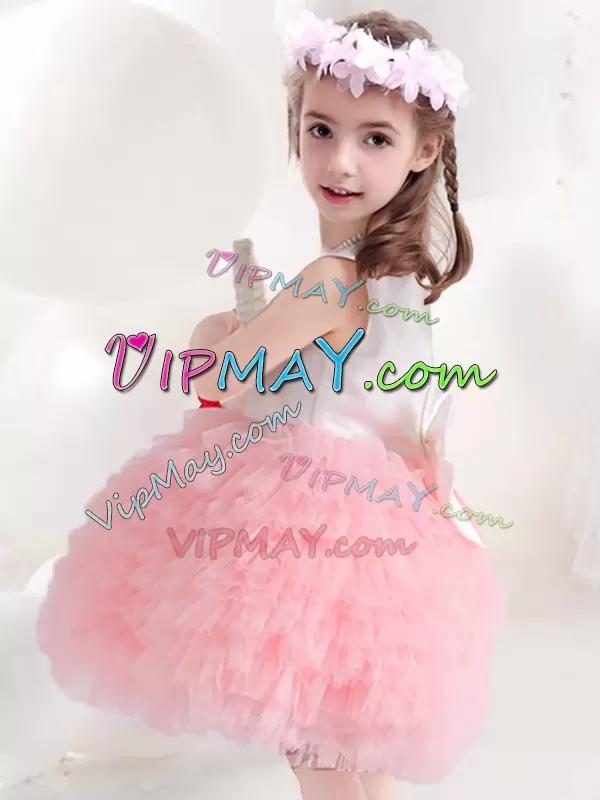 Knee Length Pink And White Flower Girl Dresses Tulle Sleeveless Ruffled Layers and Bowknot and Hand Made Flower