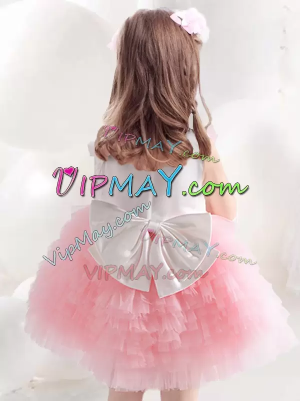 Knee Length Pink And White Flower Girl Dresses Tulle Sleeveless Ruffled Layers and Bowknot and Hand Made Flower