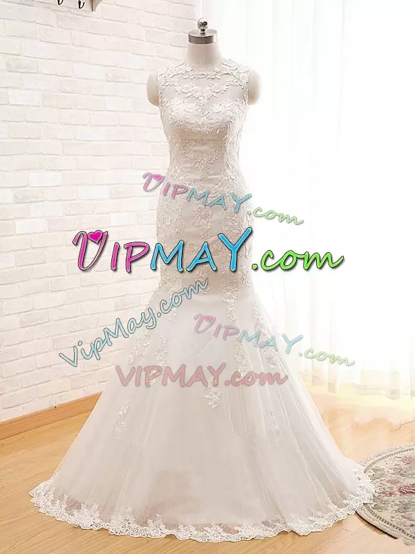 Latest White Mermaid Tulle High-neck Sleeveless Lace and Appliques Floor Length Zipper Wedding Gown