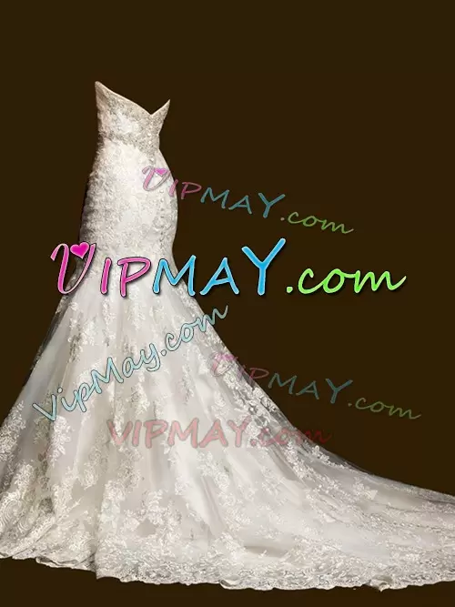 Court Train Mermaid Wedding Dress White Sweetheart Tulle Sleeveless Zipper