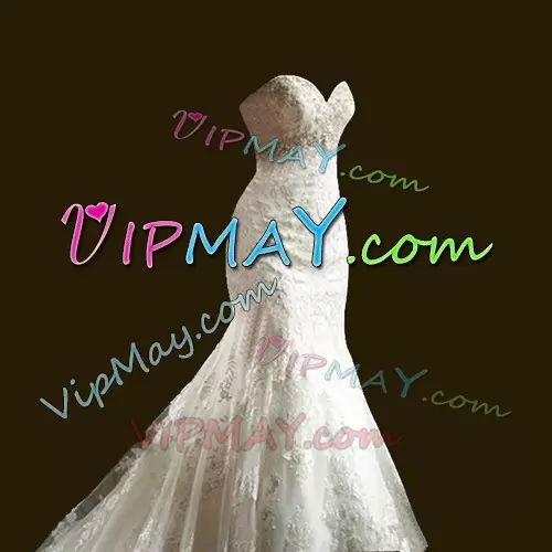 Court Train Mermaid Wedding Dress White Sweetheart Tulle Sleeveless Zipper