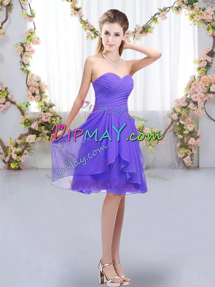 Popular Lavender Empire Chiffon Sweetheart Sleeveless Ruffles and Ruching Knee Length Lace Up Wedding Party Dress