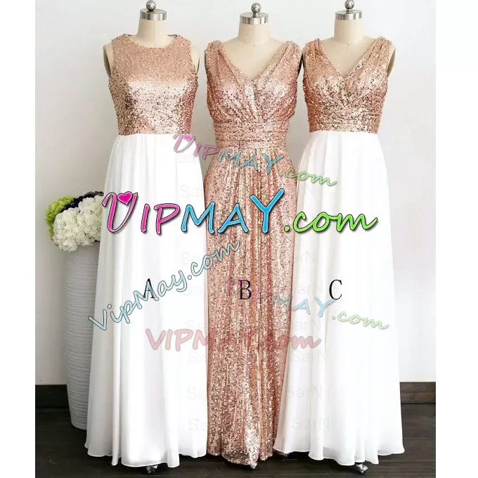 Sleeveless Chiffon Floor Length Lace Up Bridesmaid Dresses in White with Sequins