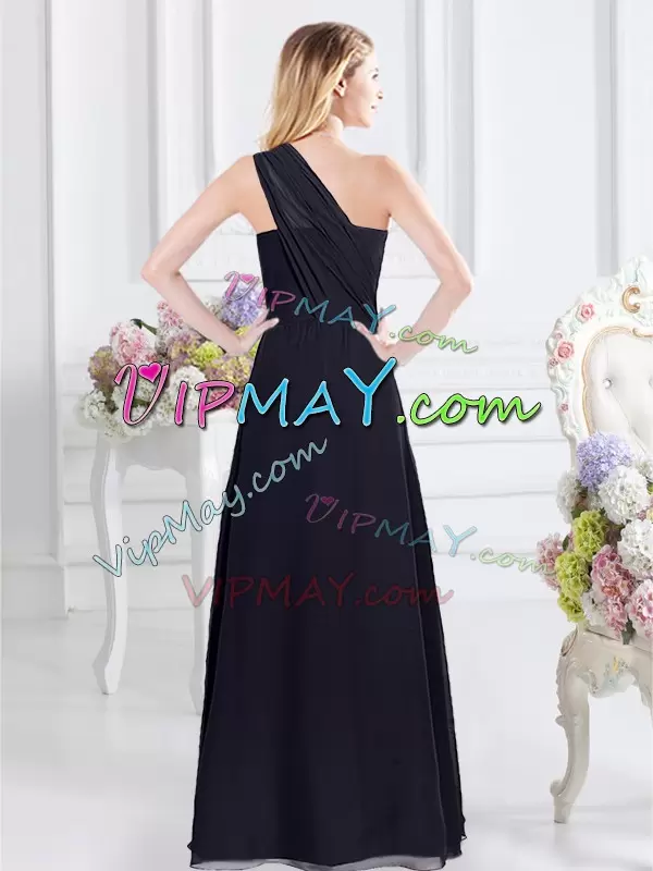 Floor Length Side Zipper Bridesmaid Gown Navy Blue for Prom and Party and Wedding Party with Ruching