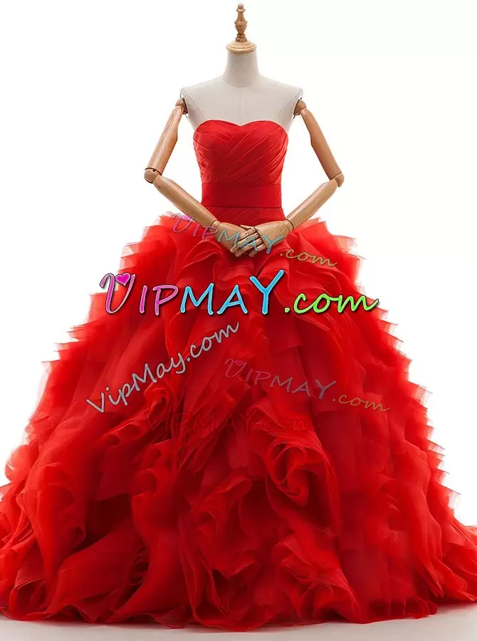 Ruffles and Ruching Wedding Gown Red Lace Up Sleeveless Brush Train