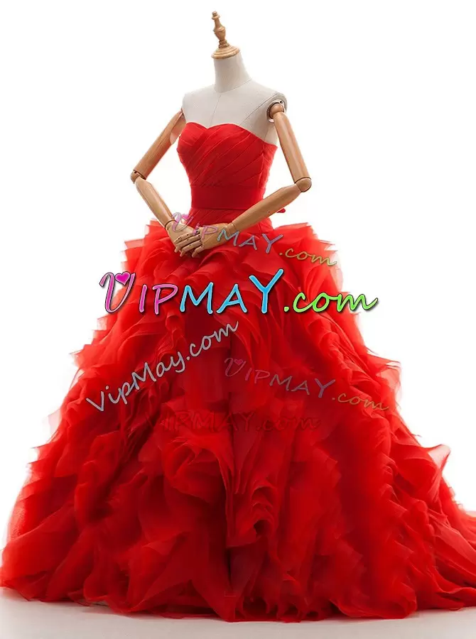 Ruffles and Ruching Wedding Gown Red Lace Up Sleeveless Brush Train