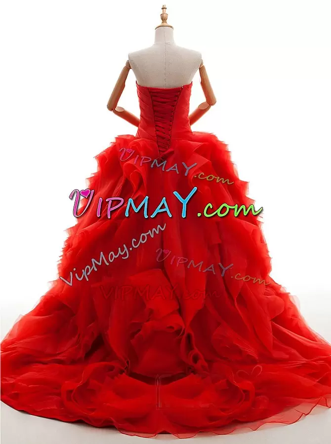 Ruffles and Ruching Wedding Gown Red Lace Up Sleeveless Brush Train