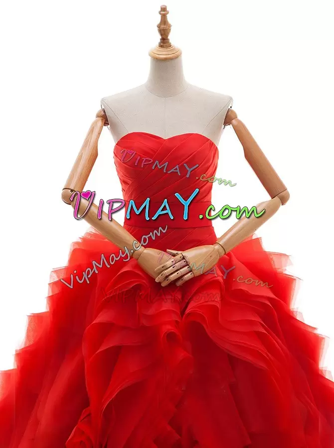 Ruffles and Ruching Wedding Gown Red Lace Up Sleeveless Brush Train