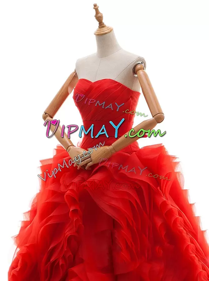 Ruffles and Ruching Wedding Gown Red Lace Up Sleeveless Brush Train