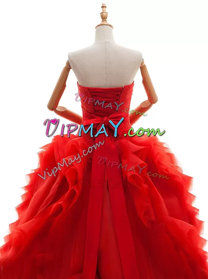 Ruffles and Ruching Wedding Gown Red Lace Up Sleeveless Brush Train