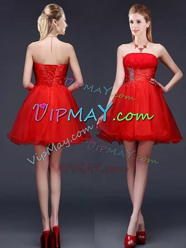 A-line Bridesmaid Dresses Red Strapless Organza Sleeveless Mini Length Lace Up