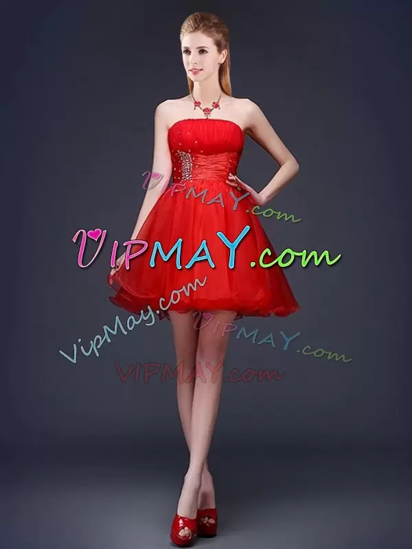 A-line Bridesmaid Dresses Red Strapless Organza Sleeveless Mini Length Lace Up