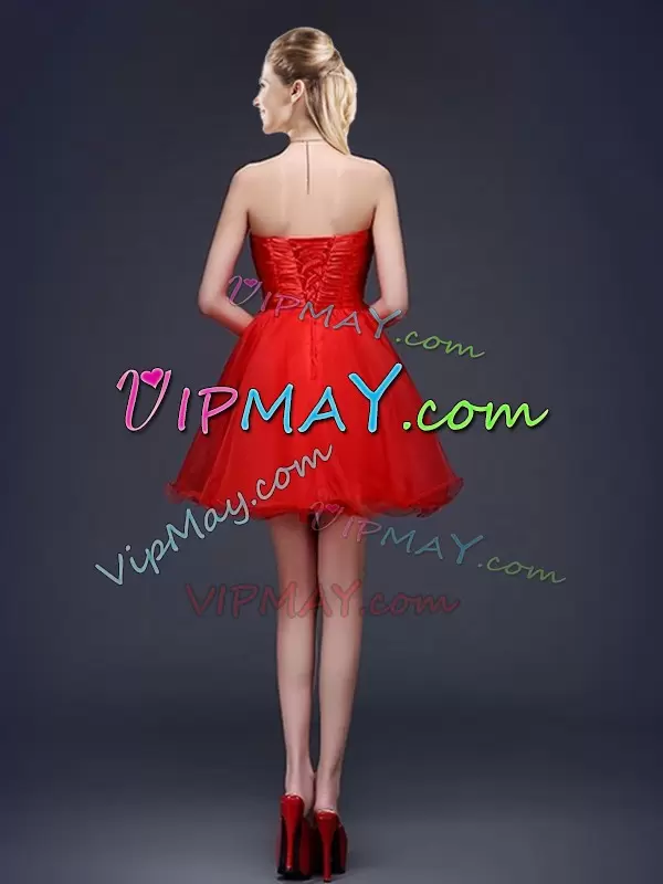 A-line Bridesmaid Dresses Red Strapless Organza Sleeveless Mini Length Lace Up