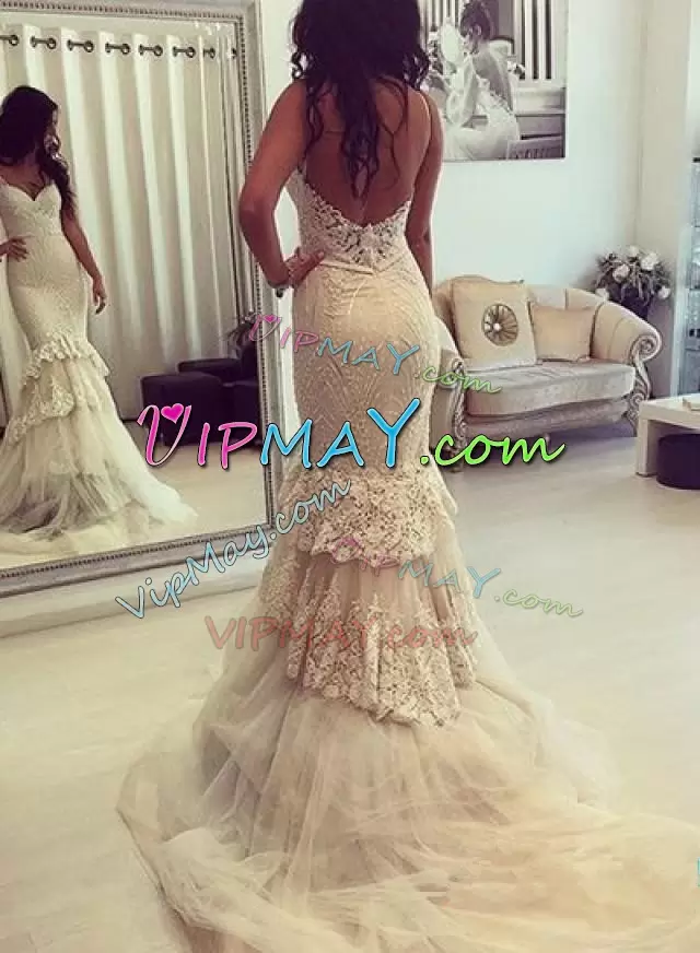 Dramatic White Sweetheart Backless Lace and Ruffled Layers Wedding Gown Court Train Sleeveless