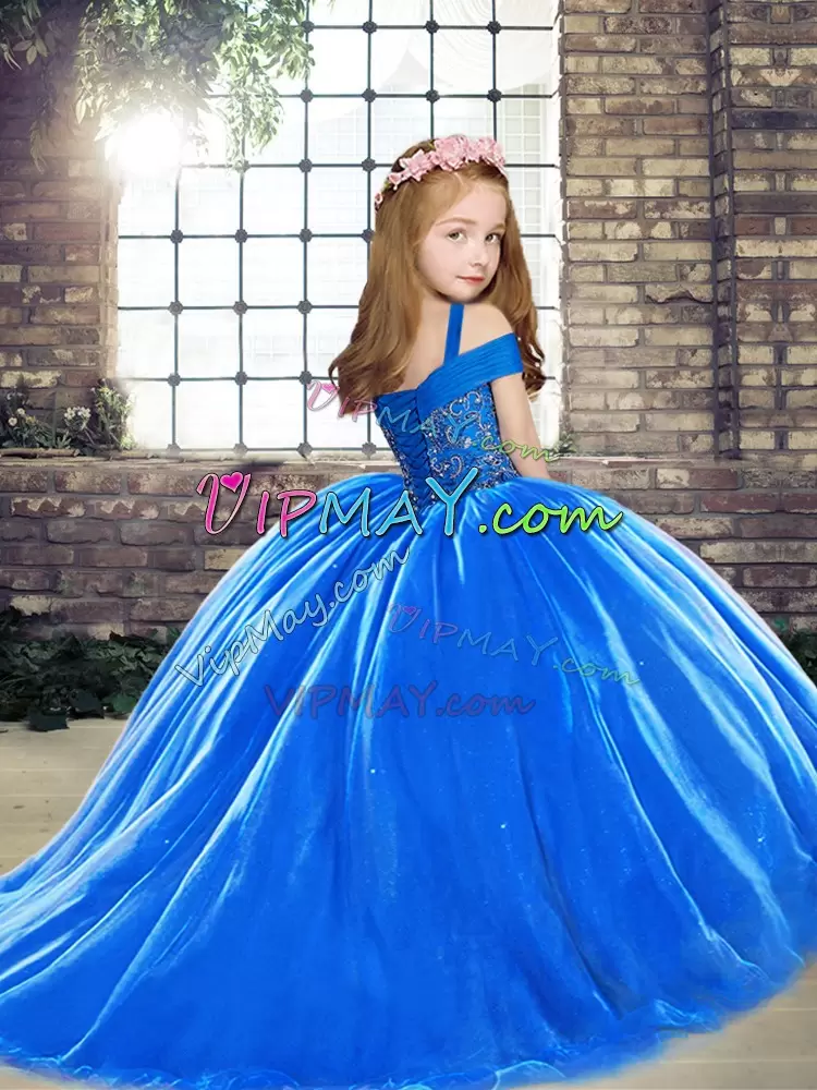 Royal Blue Sleeveless Brush Train Lace Up Little Girls Pageant Dress Wholesale for Party and Wedding Party