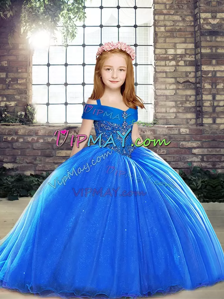 Royal Blue Sleeveless Brush Train Lace Up Little Girls Pageant Dress Wholesale for Party and Wedding Party