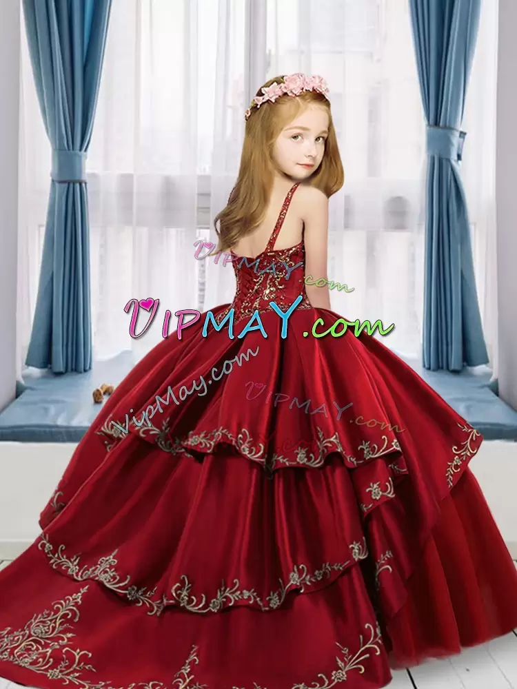 Red Satin and Tulle Lace Up Winning Pageant Gowns Sleeveless Sweep Train Beading and Embroidery