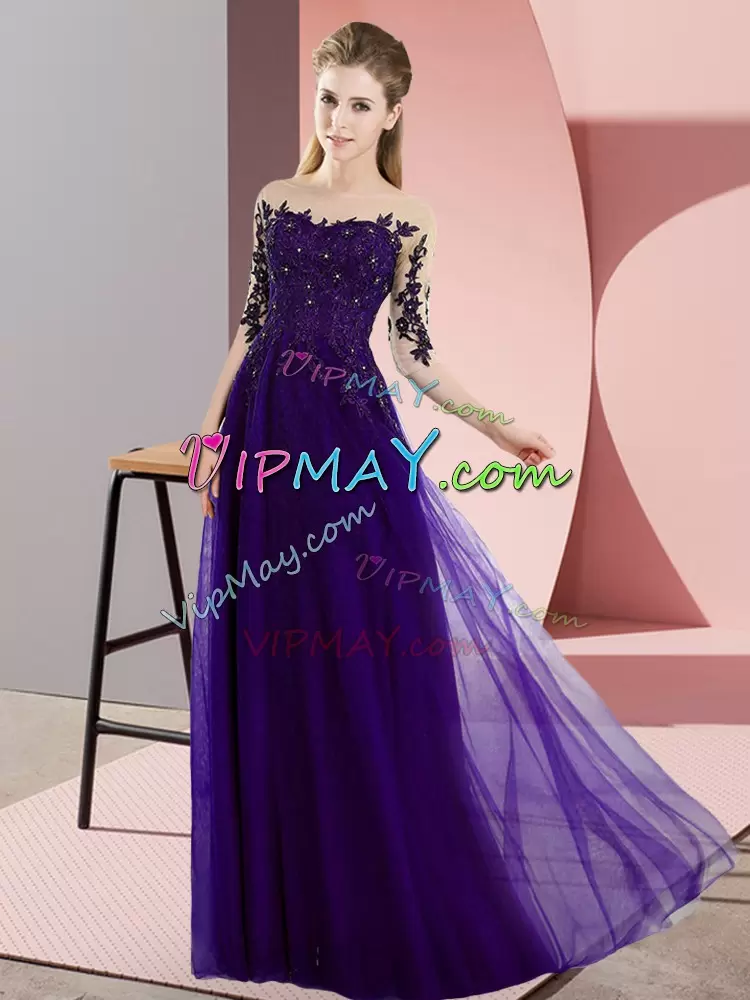 Purple Empire Chiffon Bateau Half Sleeves Beading and Lace Floor Length Lace Up Dama Dress