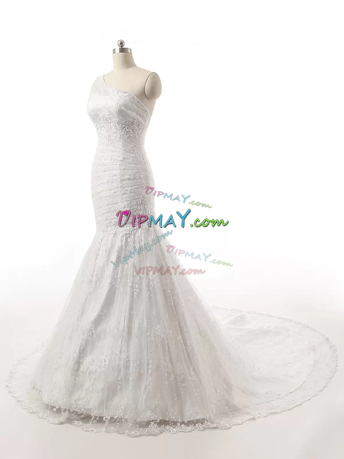 White Mermaid One Shoulder Sleeveless Sweep Train Lace Up Appliques Wedding Dresses