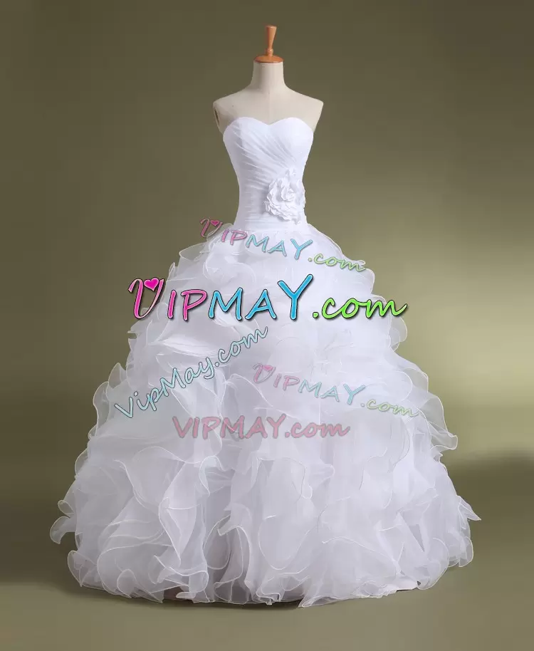 On Sale White Ball Gowns Sweetheart Sleeveless Organza With Train Sweep Train Lace Up Ruffled Layers and Ruching and Hand Made Flower Wedding Dress