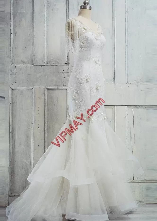 Stylish Lace and Appliques Wedding Gown White Zipper Sleeveless Sweep Train