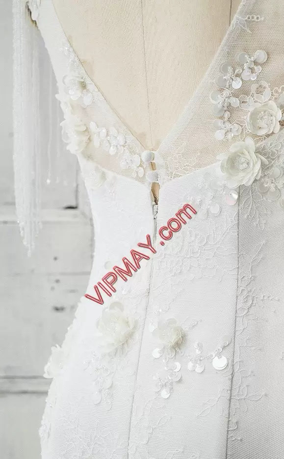 Stylish Lace and Appliques Wedding Gown White Zipper Sleeveless Sweep Train