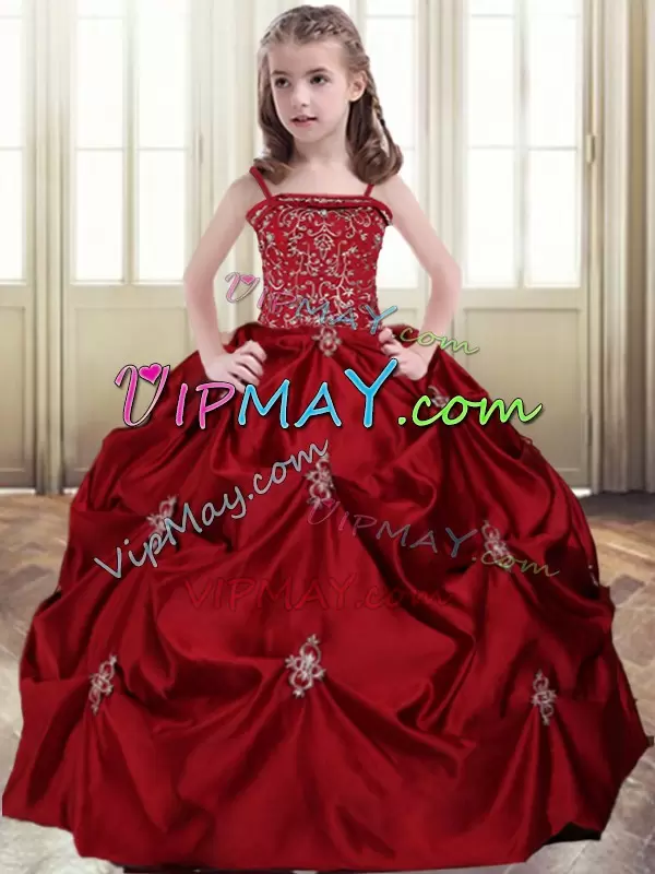 Wine Red High School Pageant Dress Quinceanera and Wedding Party with Beading and Pick Ups Spaghetti Straps Sleeveless Lace Up