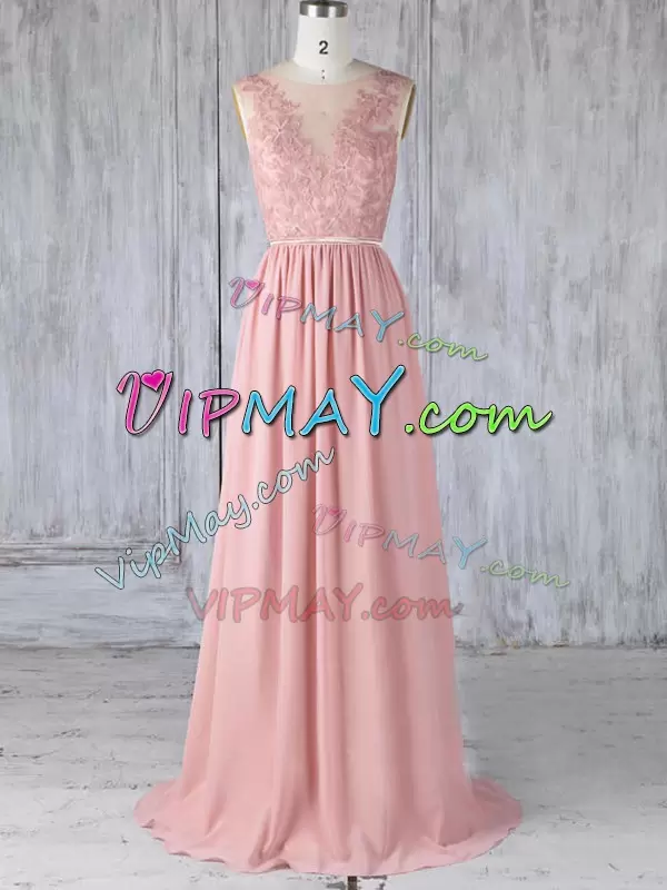 Chiffon Scoop Sleeveless Sweep Train Backless Appliques Bridesmaid Dresses in Pink