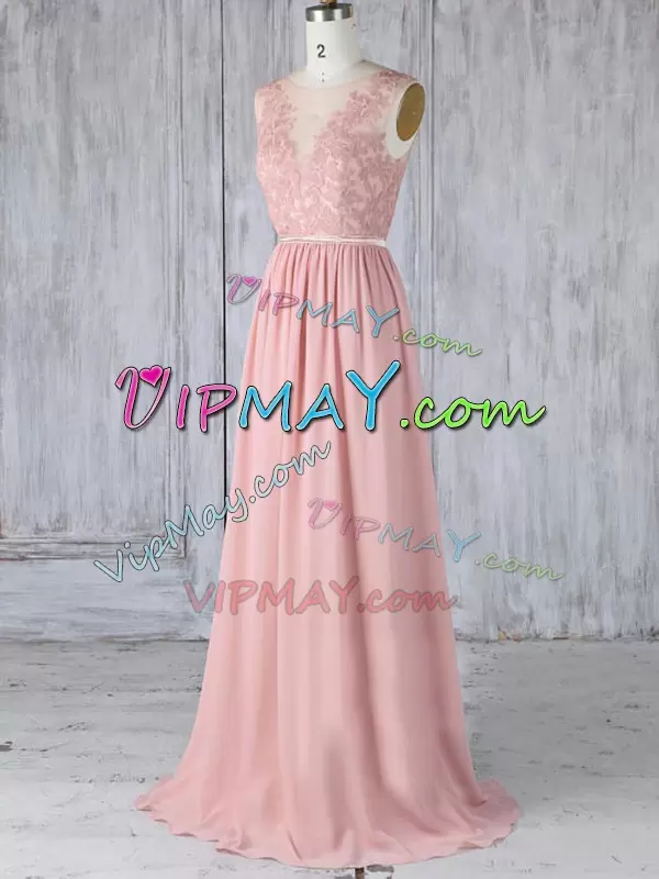 Chiffon Scoop Sleeveless Sweep Train Backless Appliques Bridesmaid Dresses in Pink